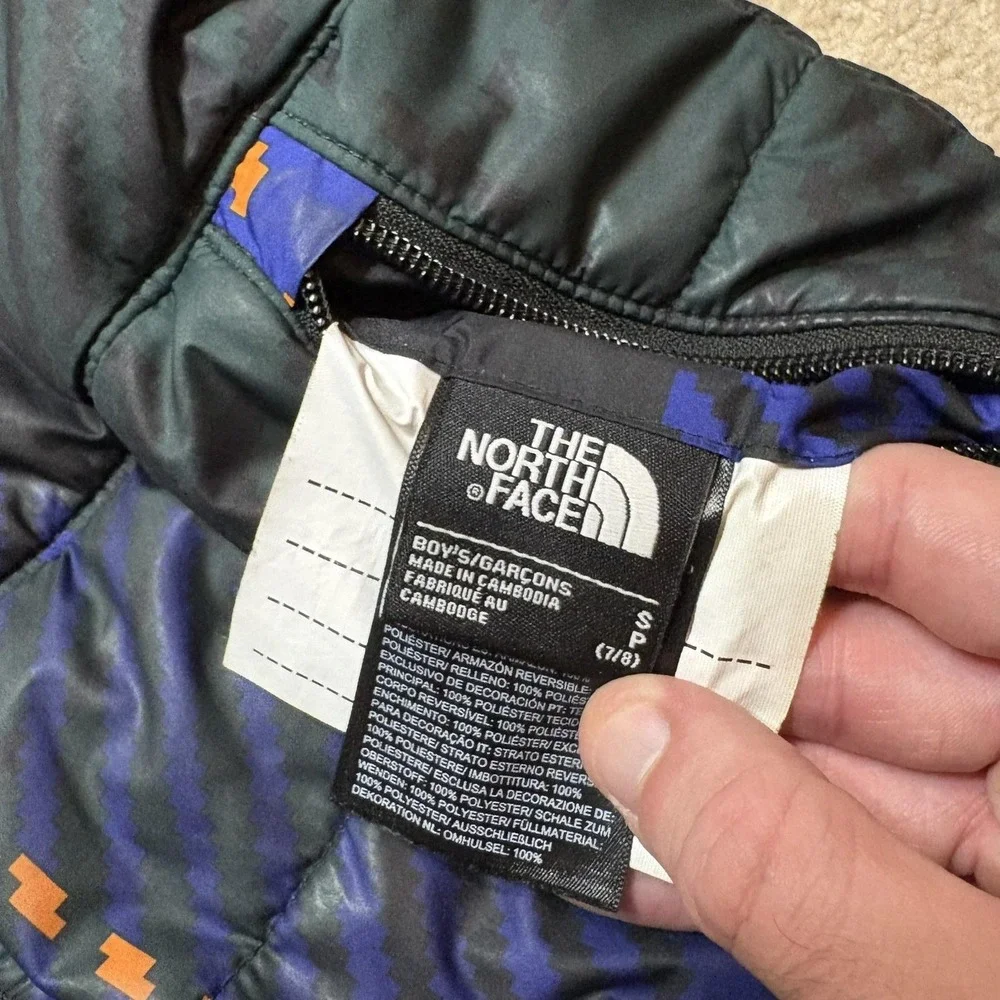 The North Face Jacket Boys Small 7/8 Blue Plaid Reversible Sherpa Puffer Outdoor